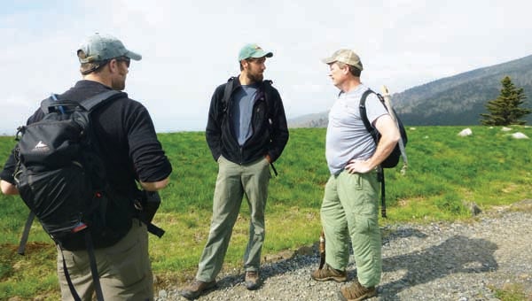 Contributed Photo/SAHC Lee Farese, center, meets with the Appalachian Trail Conservancy's John O'dell, left, and Tennessee Eastman Hiking Club's Joe Deloach for an orientation on Friday, May 15.