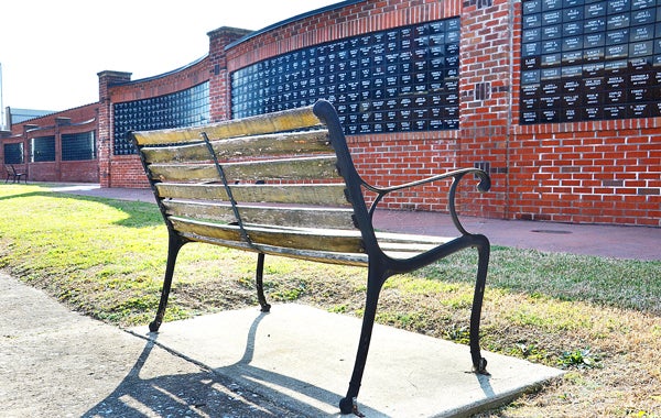 Star Photo/Rebekah Price  Veterans War Memorial Chair Sam Shipley expects these 10-year-old benches to be replaced in the Spring with new metal benches.