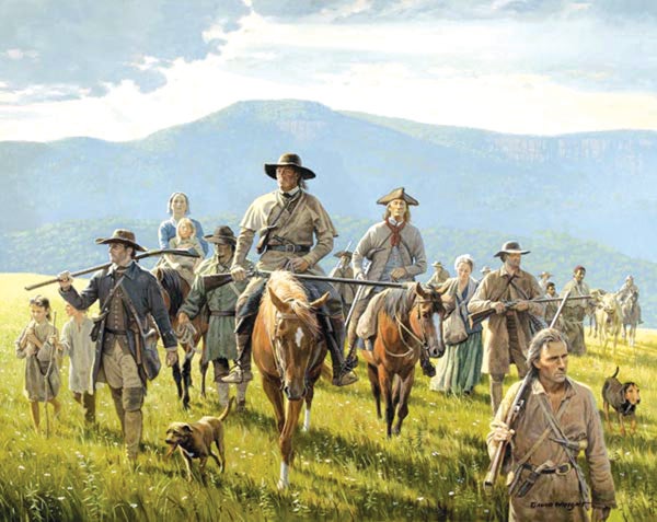 This painting "Spirit of America" depicts the blazing of the Boone Trail from the banks of the Holston River in Northeast Tennessee to Cumberland, Ky., by the frontiersman Daniel Boone. A re-enactment of the Boone Trail is scheduled in May with Sycamore Shoals State Park serving as the kick-off point. Attachments area