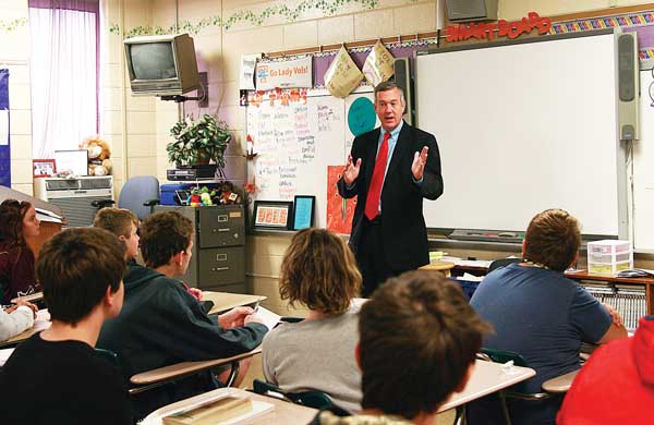 Star Photo/Abby Morris-Frye Tennessee Secretary of State Tre Hargett speaks with students at Happy Valley Middle School about voting. The school will be holding its own mock election next week in conjunction with a state-wide event through Hargett's office.